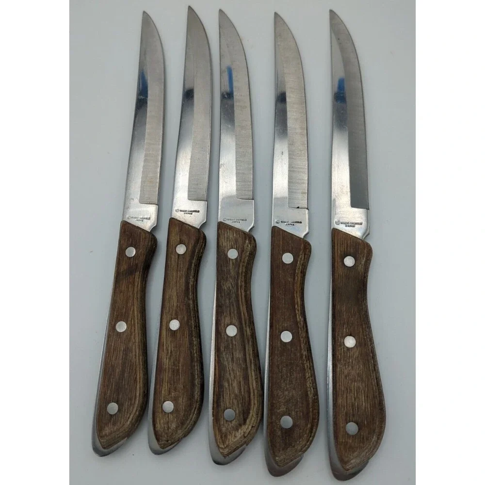 Vtg 5 Regent Swords Lightning Japan SS Steak Knives Full‎ Tang Wood Handle READ